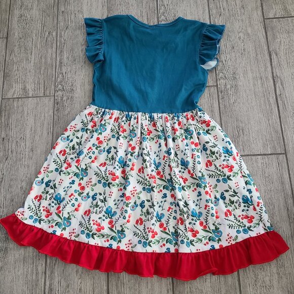 Girls blue Flutter short Sleeve Dress with white Floral Skirt – Girls 8T-10T - Picture 7 of 9